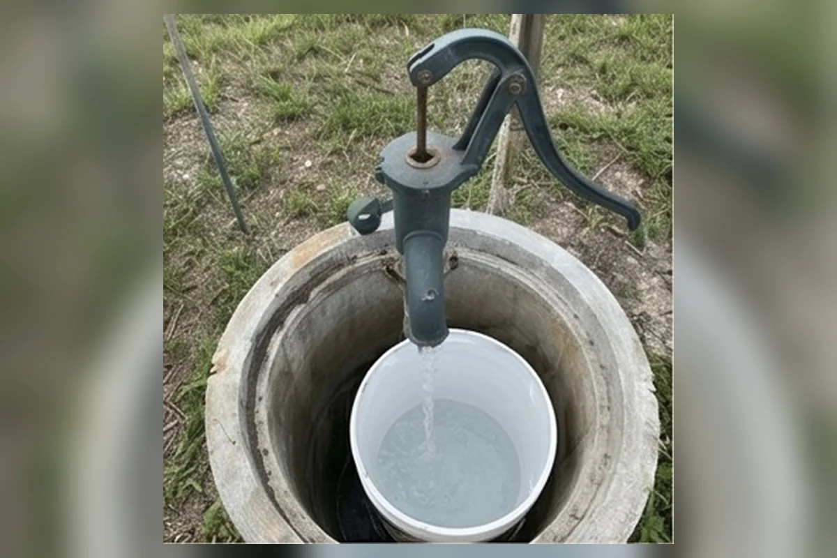 Water flowing from a hand pump into a bucket at a well opening
