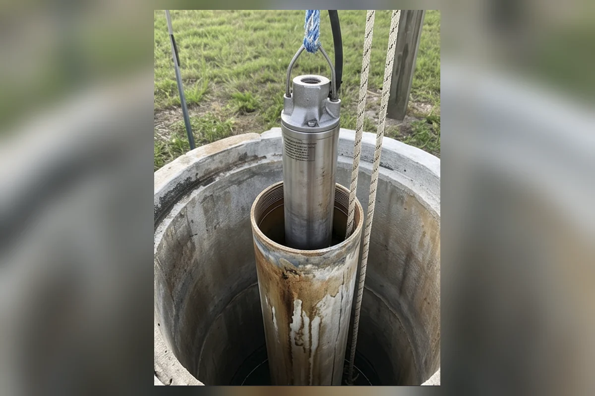 Submersible well pump being lifted from a well casing