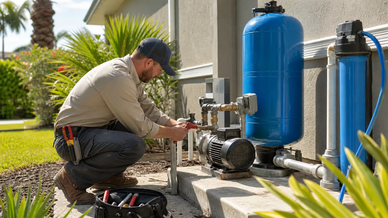 Technician working on an outdoor residential well pump and pressure tank system