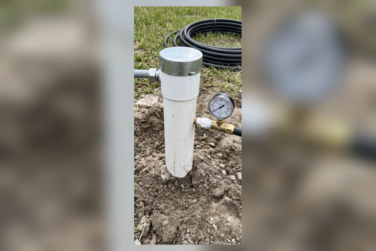Residential well head with pressure gauge and new water line piping