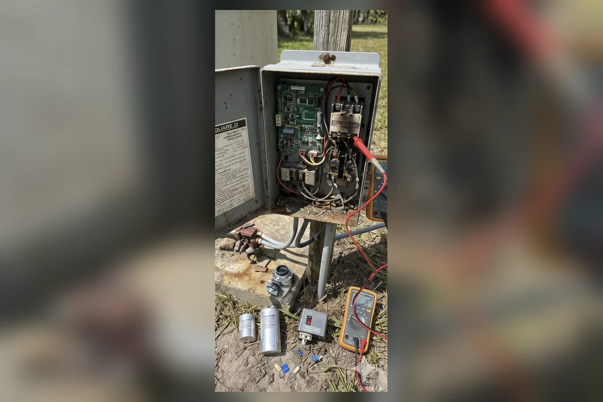 Well pump electrical control box being checked with diagnostic meter