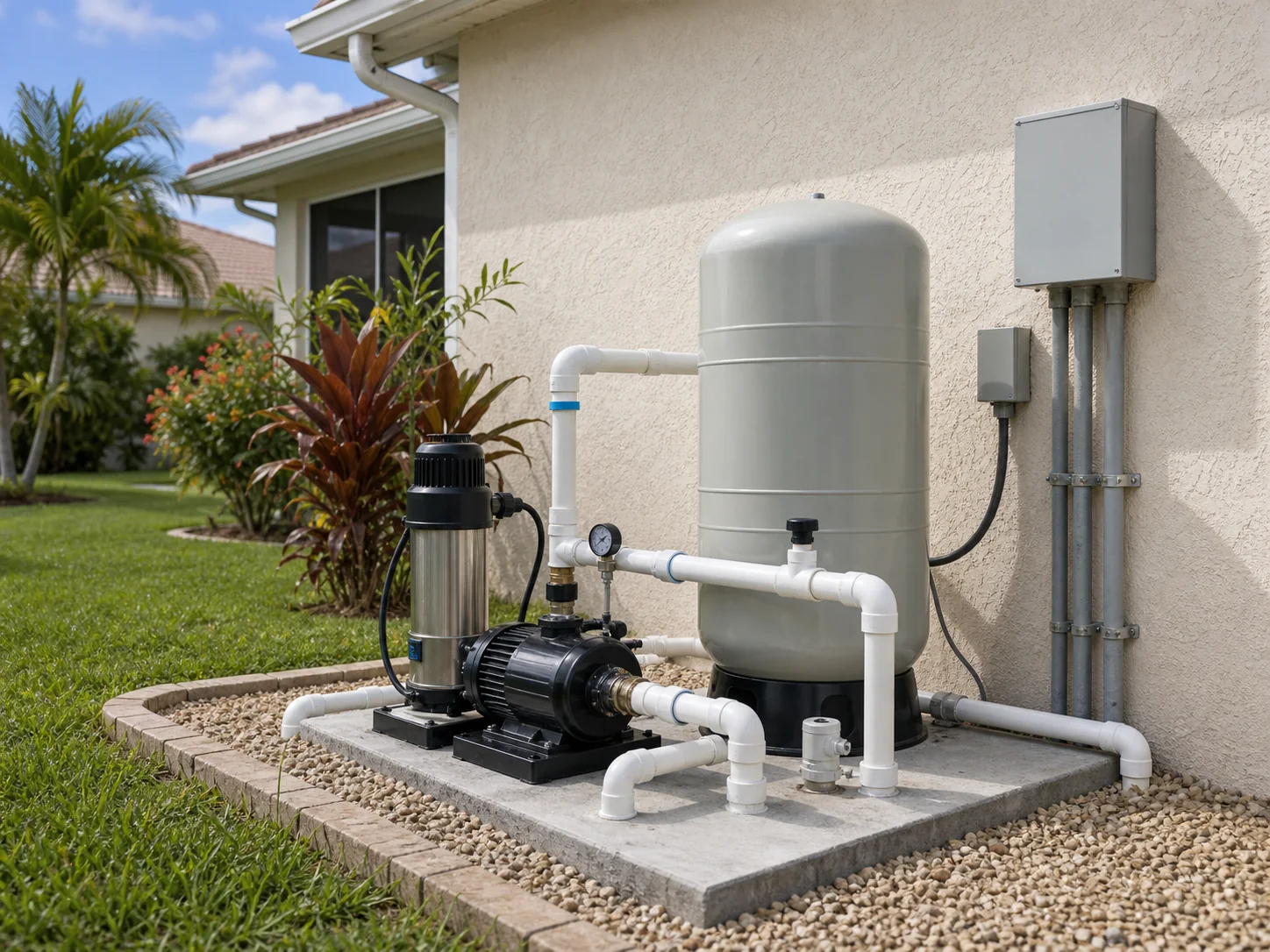 Residential well pump and pressure tank equipment outside a home